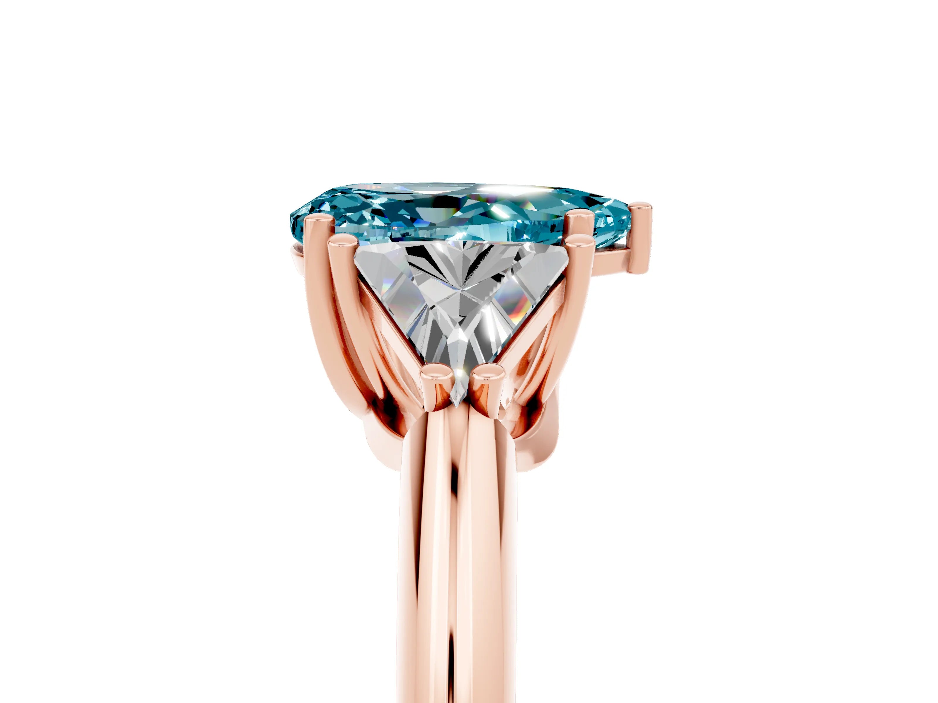 Rose gold Three-Stone Pear Cut Cut Diamond Ring with Trillion Side Stones and Four-Prong Setting_5