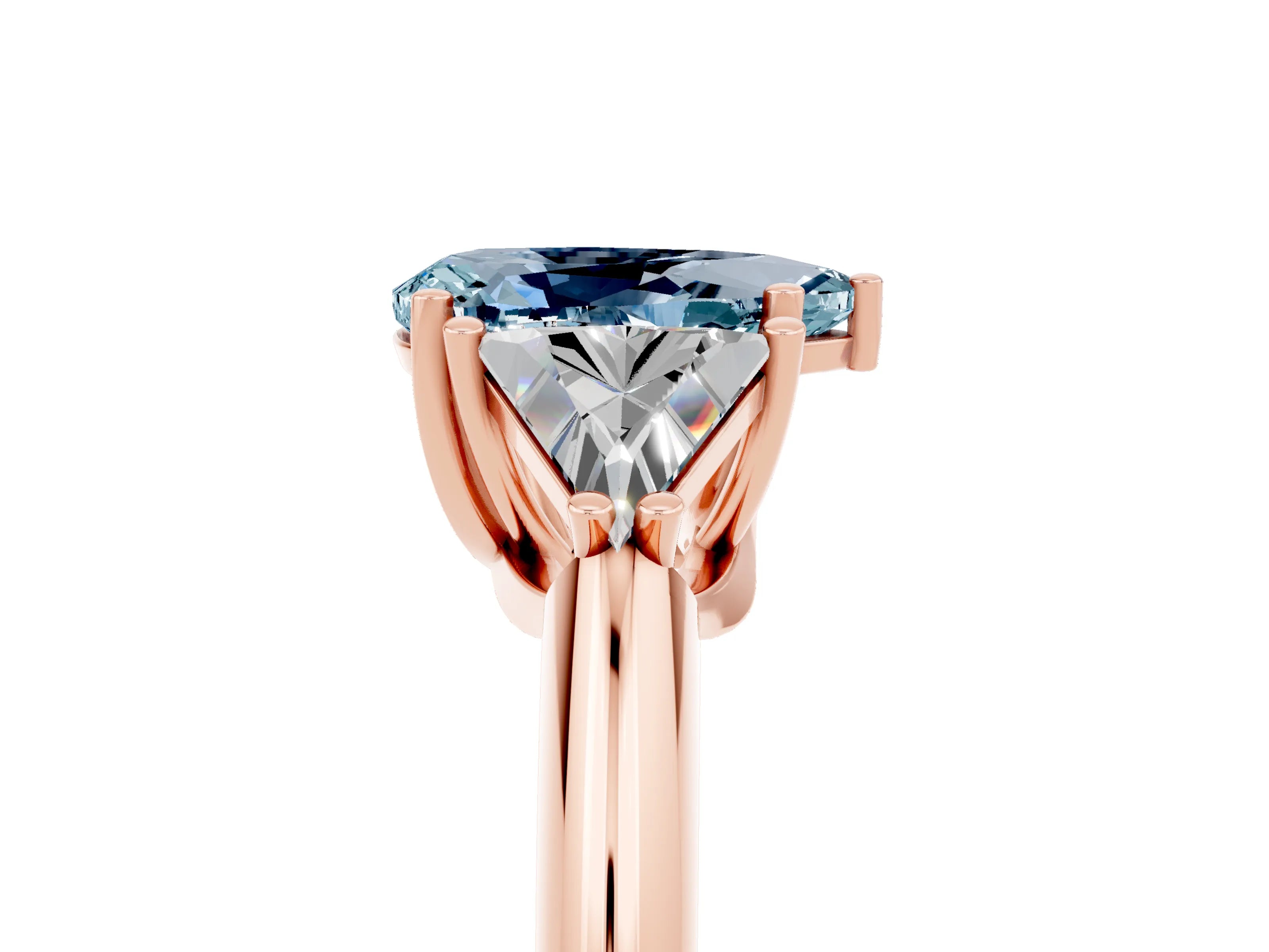 Rose gold Three-Stone Pear Cut Cut Diamond Ring with Trillion Side Stones and Four-Prong Setting_5