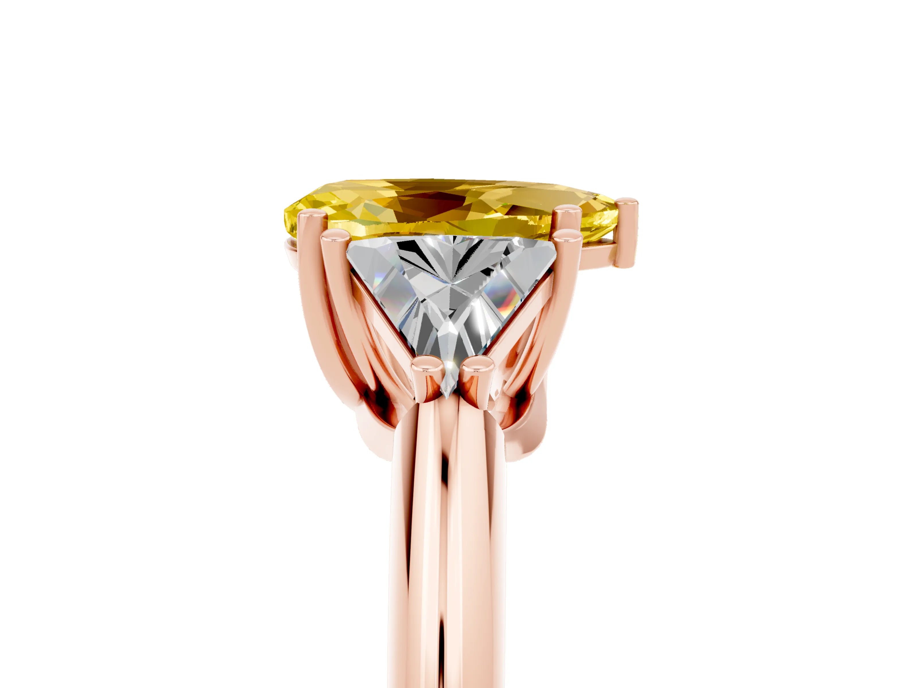 Rose gold Three-Stone Pear Cut Cut Diamond Ring with Trillion Side Stones and Four-Prong Setting_5