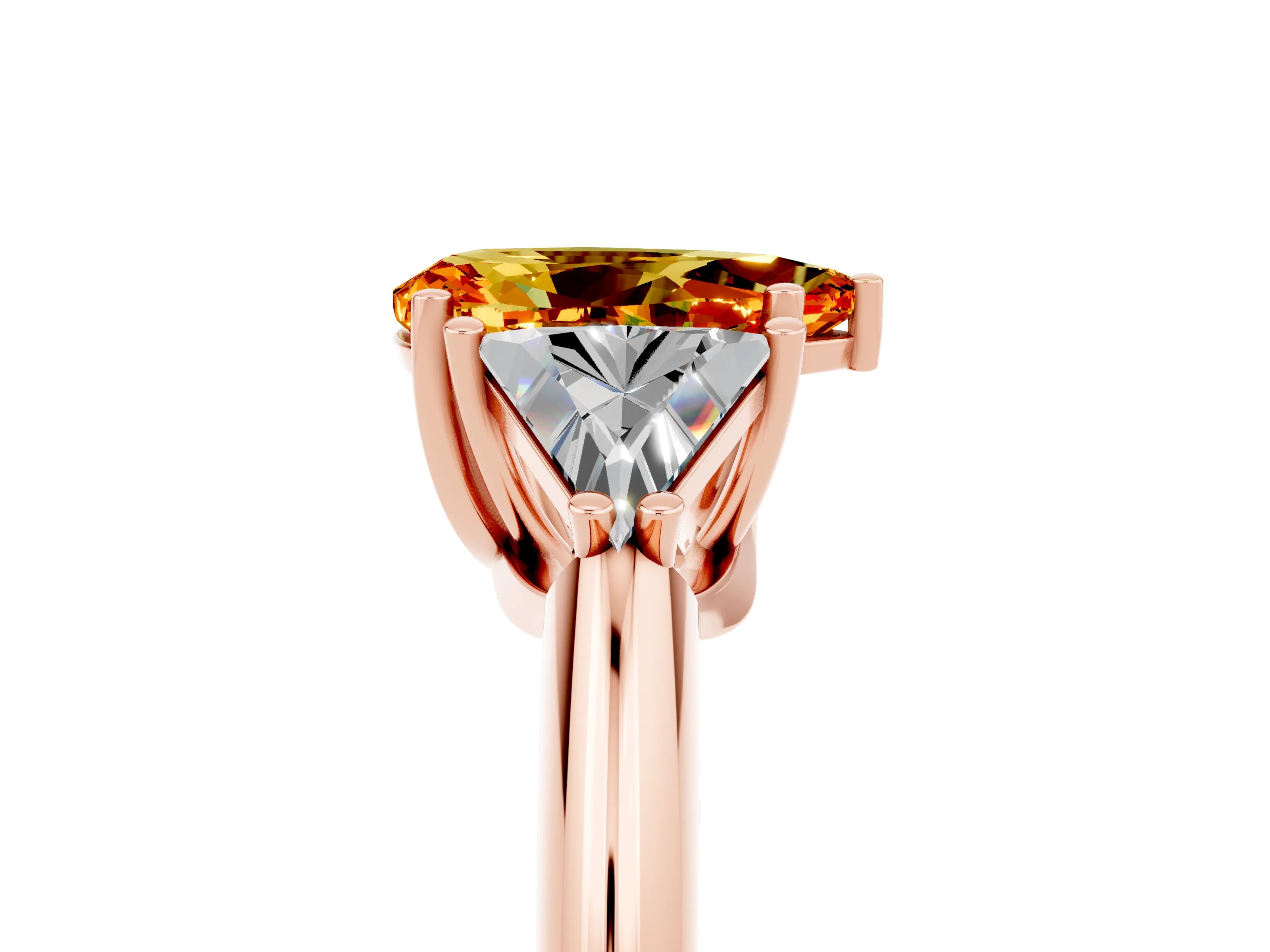 Rose gold Three-Stone Pear Cut Cut Diamond Ring with Trillion Side Stones and Four-Prong Setting_5
