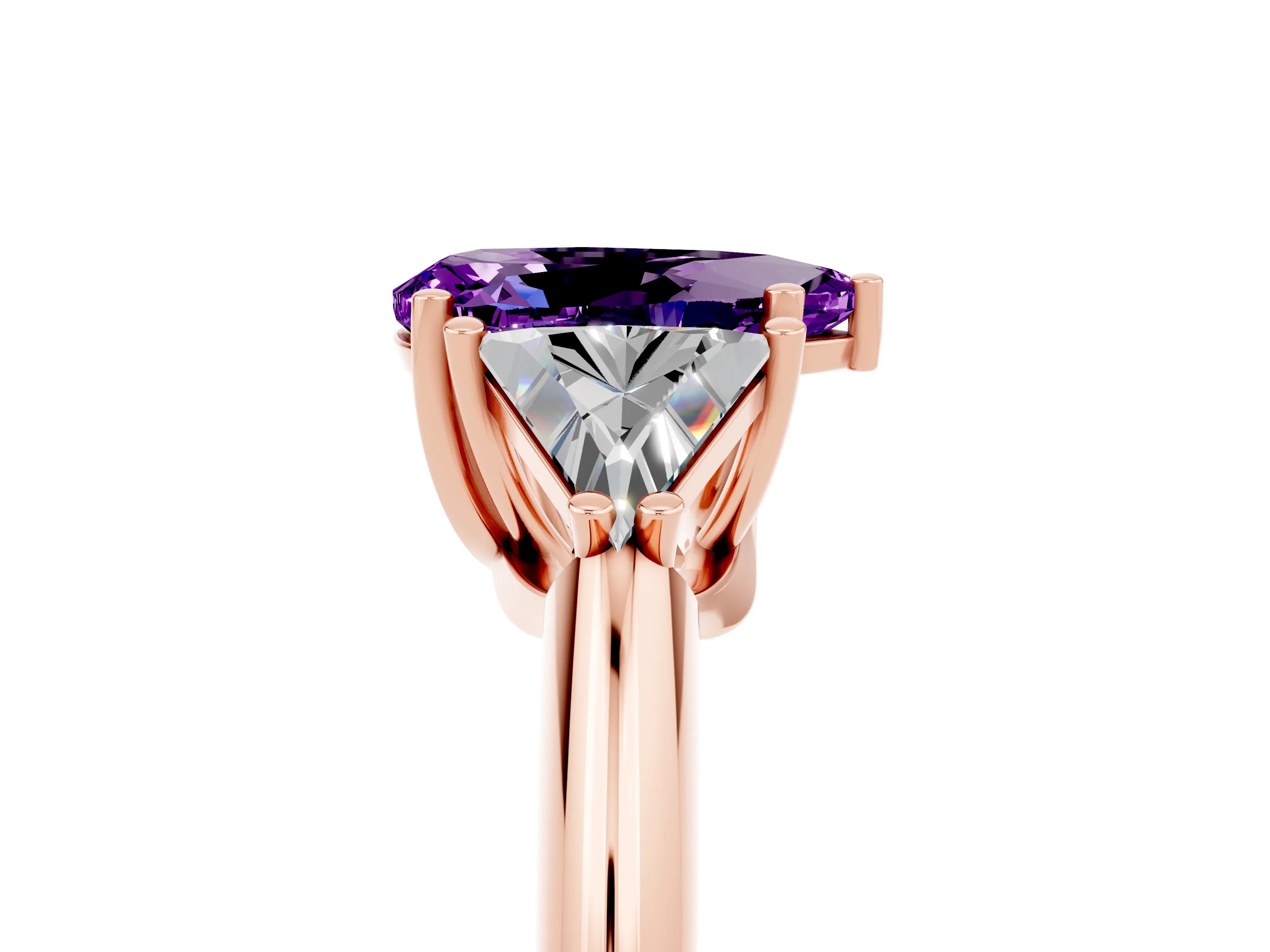 Rose gold Three-Stone Pear Cut Cut Diamond Ring with Trillion Side Stones and Four-Prong Setting_5