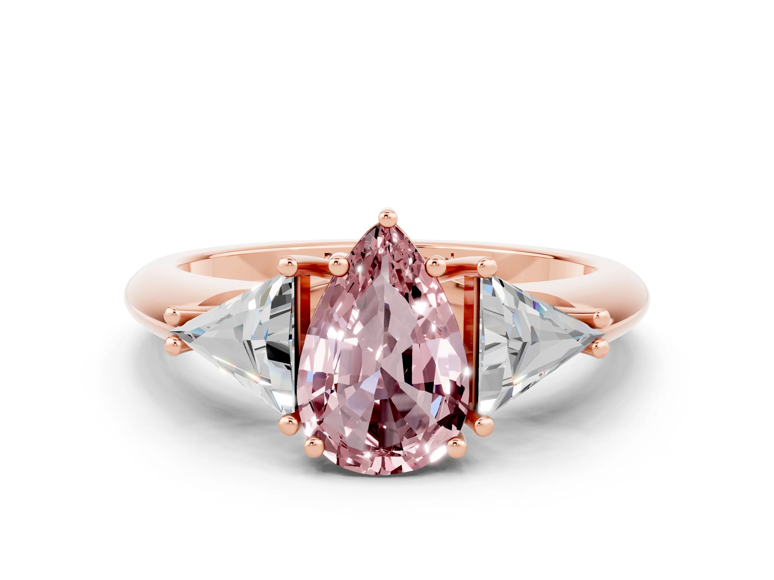 Rose gold Three-Stone Pear Cut Cut Diamond Ring with Trillion Side Stones and Four-Prong Setting