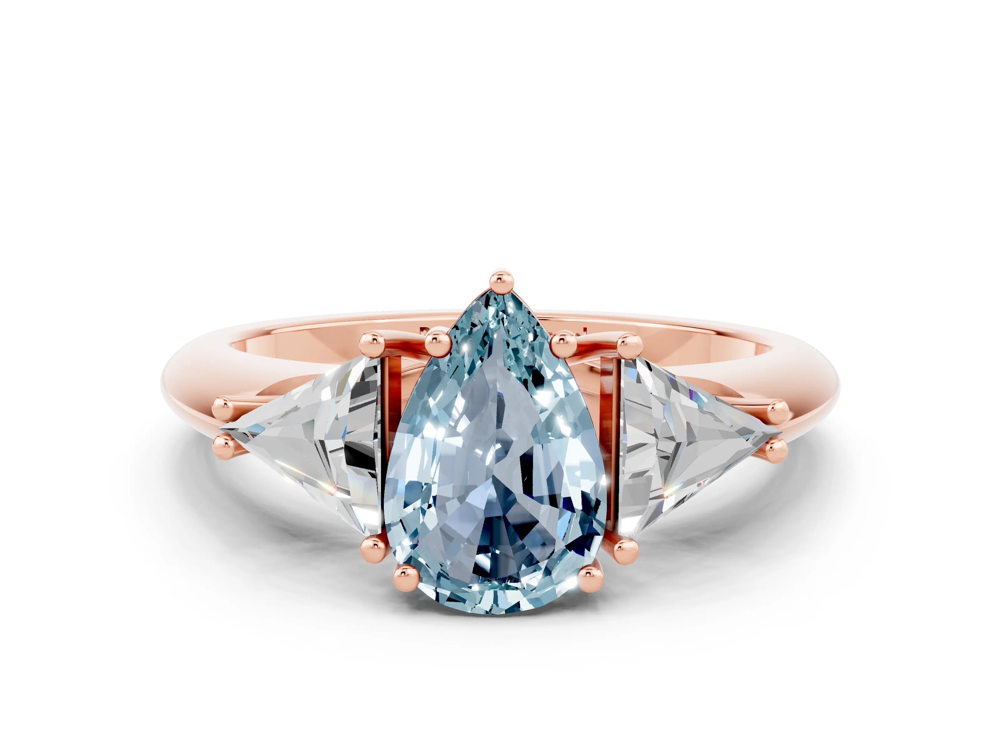 Rose gold Three-Stone Pear Cut Cut Diamond Ring with Trillion Side Stones and Four-Prong Setting