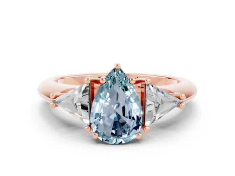 Rose gold Three-Stone Pear Cut Cut Diamond Ring with Trillion Side Stones and Four-Prong Setting