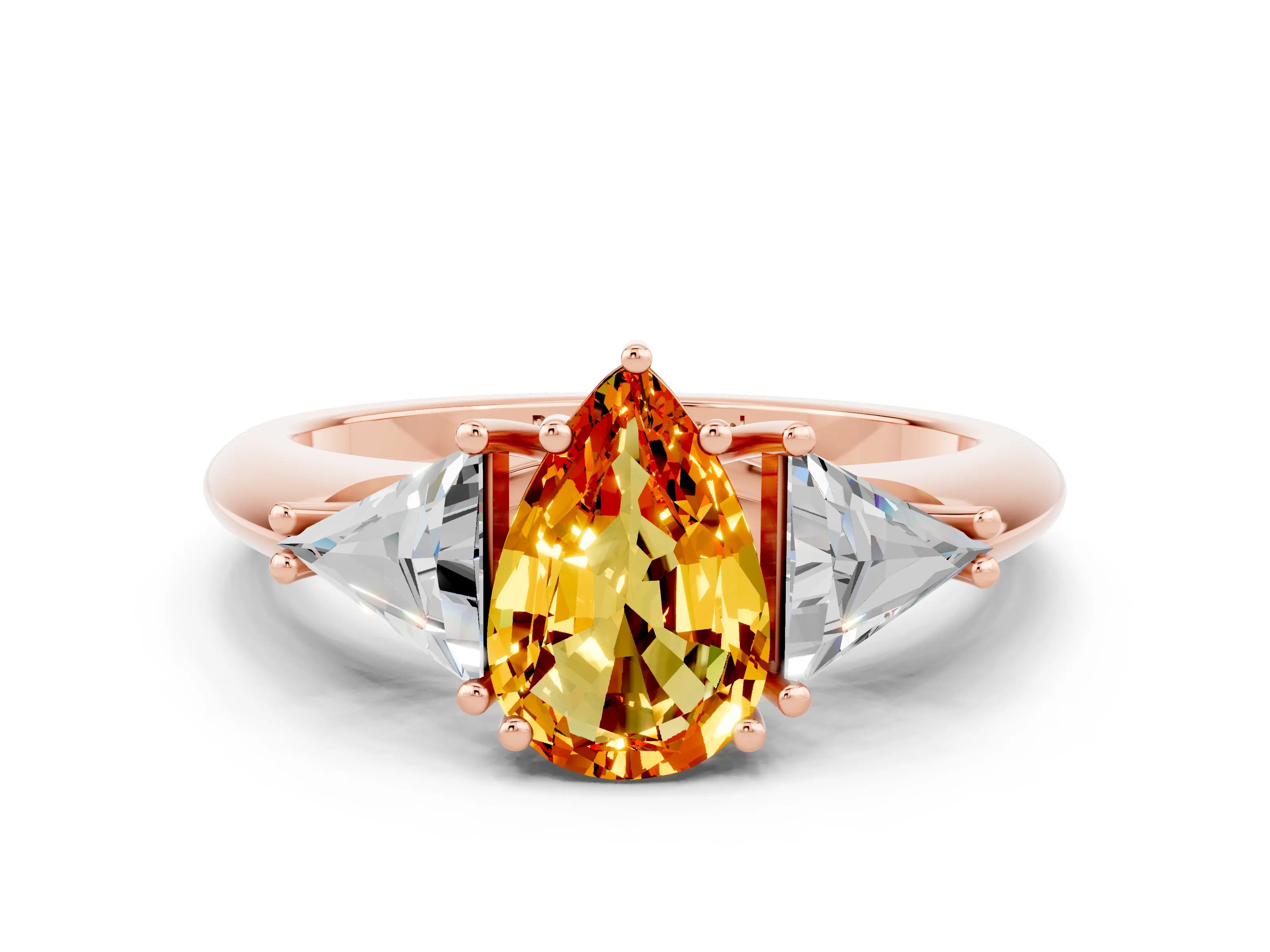 Rose gold Three-Stone Pear Cut Cut Diamond Ring with Trillion Side Stones and Four-Prong Setting