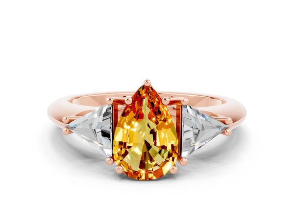 Rose gold Three-Stone Pear Cut Citrine Engagement Ring with Trillion Side Stones and Prong Setting