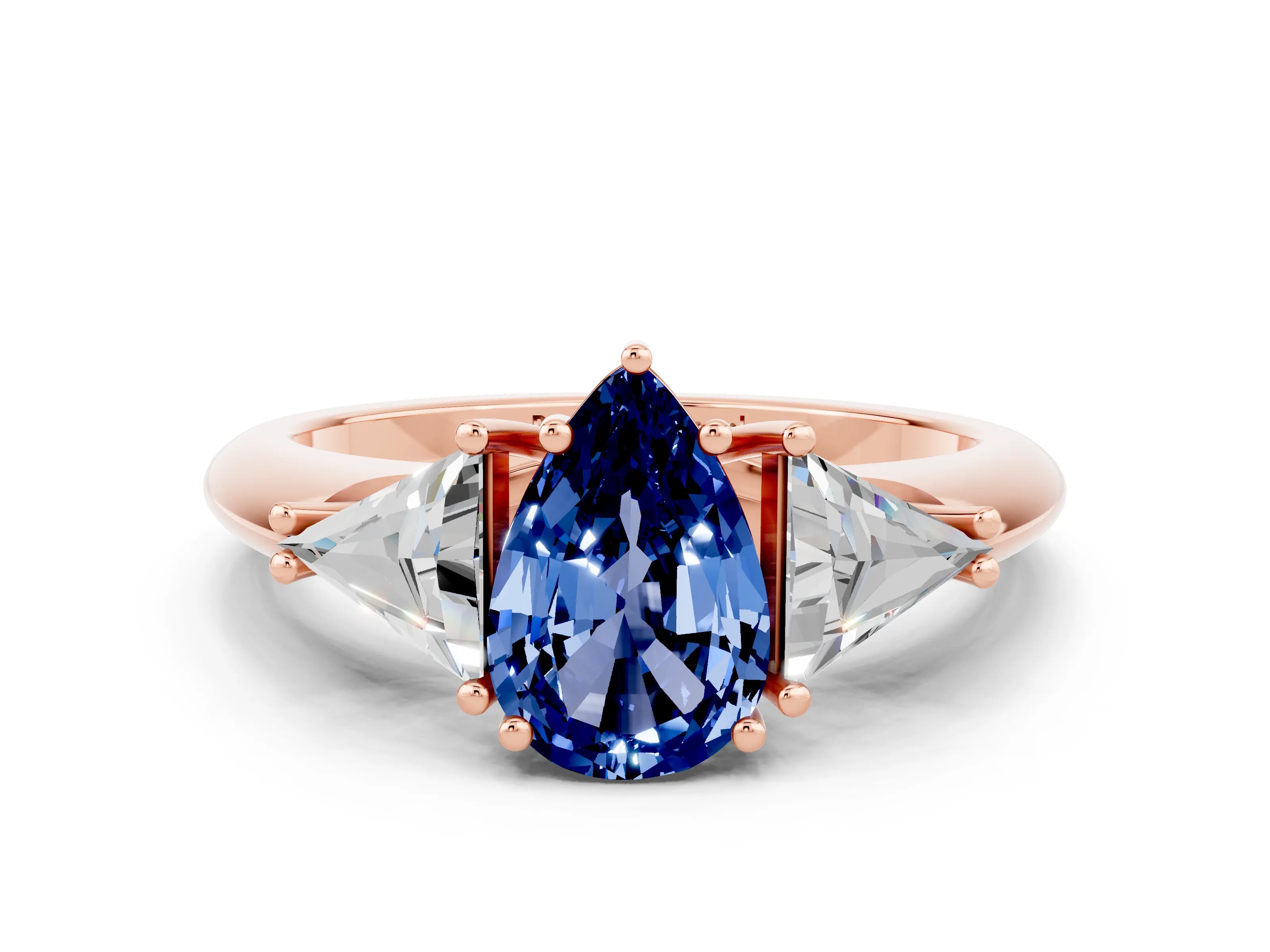 Rose gold Three-Stone Pear Cut Cut Diamond Ring with Trillion Side Stones and Four-Prong Setting