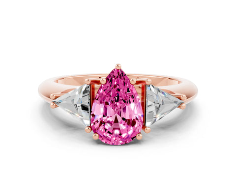 Rose gold Three-Stone Pear Cut Cut Diamond Ring with Trillion Side Stones and Four-Prong Setting