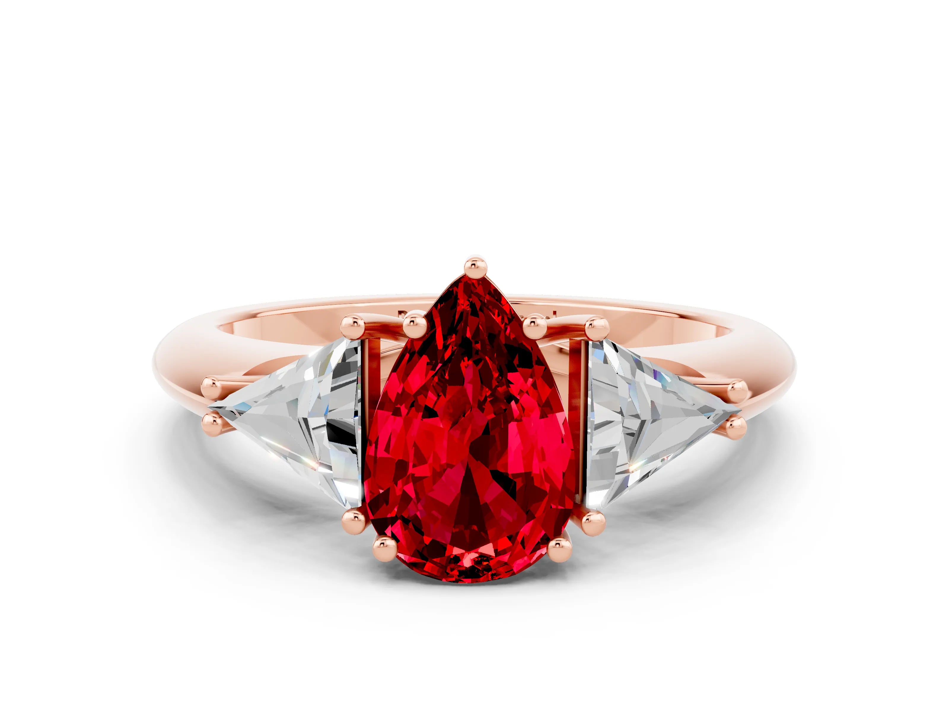 Rose gold Three-Stone Pear Cut Cut Diamond Ring with Trillion Side Stones and Four-Prong Setting