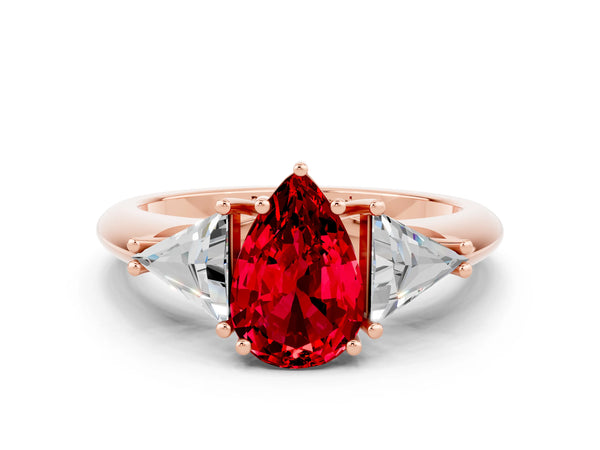 Rose gold Three-Stone Pear Cut Cut Diamond Ring with Trillion Side Stones and Four-Prong Setting