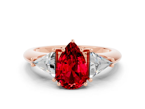 Rose gold Three-Stone Pear Cut Cut Diamond Ring with Trillion Side Stones and Four-Prong Setting
