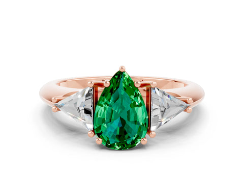 Rose gold Three-Stone Pear Cut Cut Diamond Ring with Trillion Side Stones and Four-Prong Setting