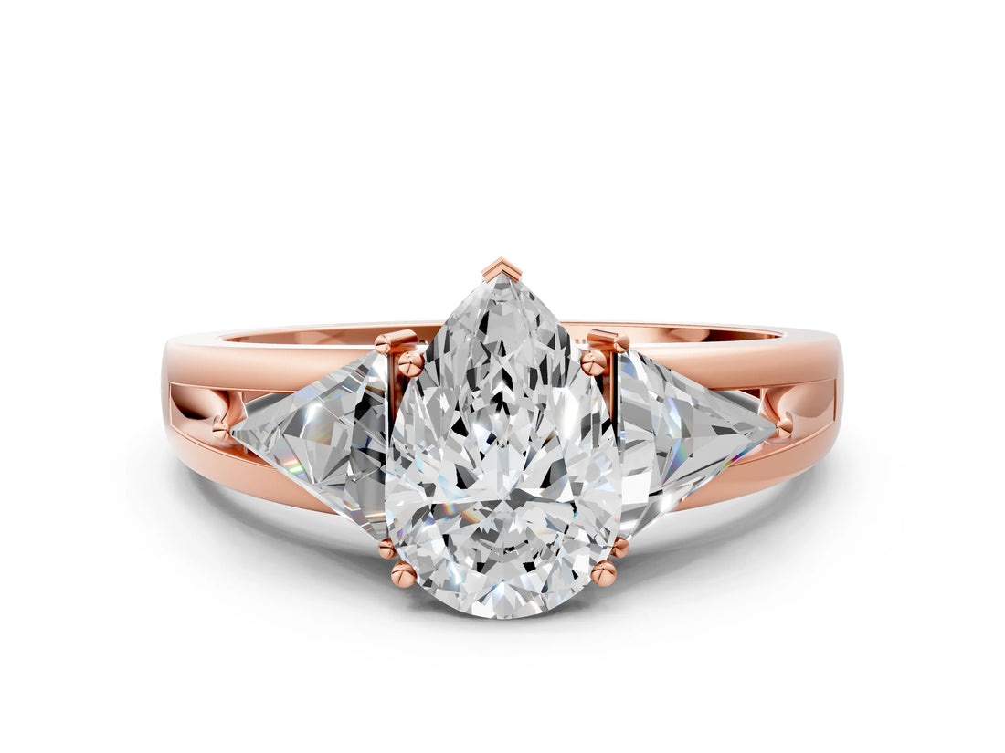 Rose gold Three-Stone Pear Cut Cut Diamond Ring with Trillion Side Stones on a Split Shank Band_13