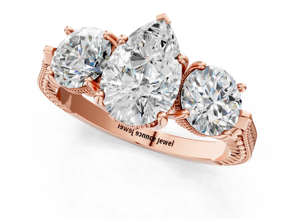 Rose Gold Pear-Shaped Vintage Three Stone Engagement Ring Setting