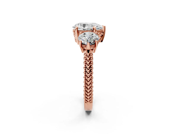 Rose Gold Pear-Shaped Vintage Three Stone Engagement Ring Setting