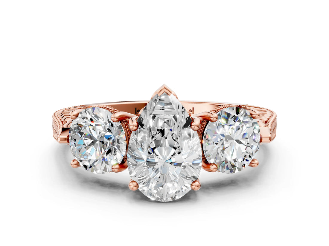 Rose gold Three-Stone Pear Cut Cut Milgrain Band Prong Setting Ring_9