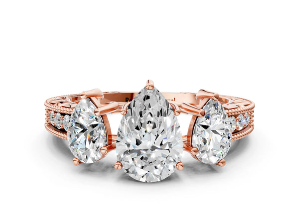 Rose Gold Pear-Shaped Vintage Three Stone Engagement Ring Setting with Milgrain Pave Band