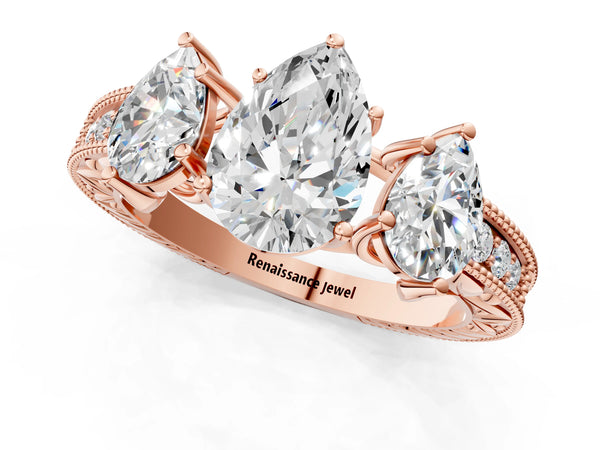 Rose Gold Pear-Shaped Vintage Three Stone Engagement Ring Setting with Milgrain Pave Band