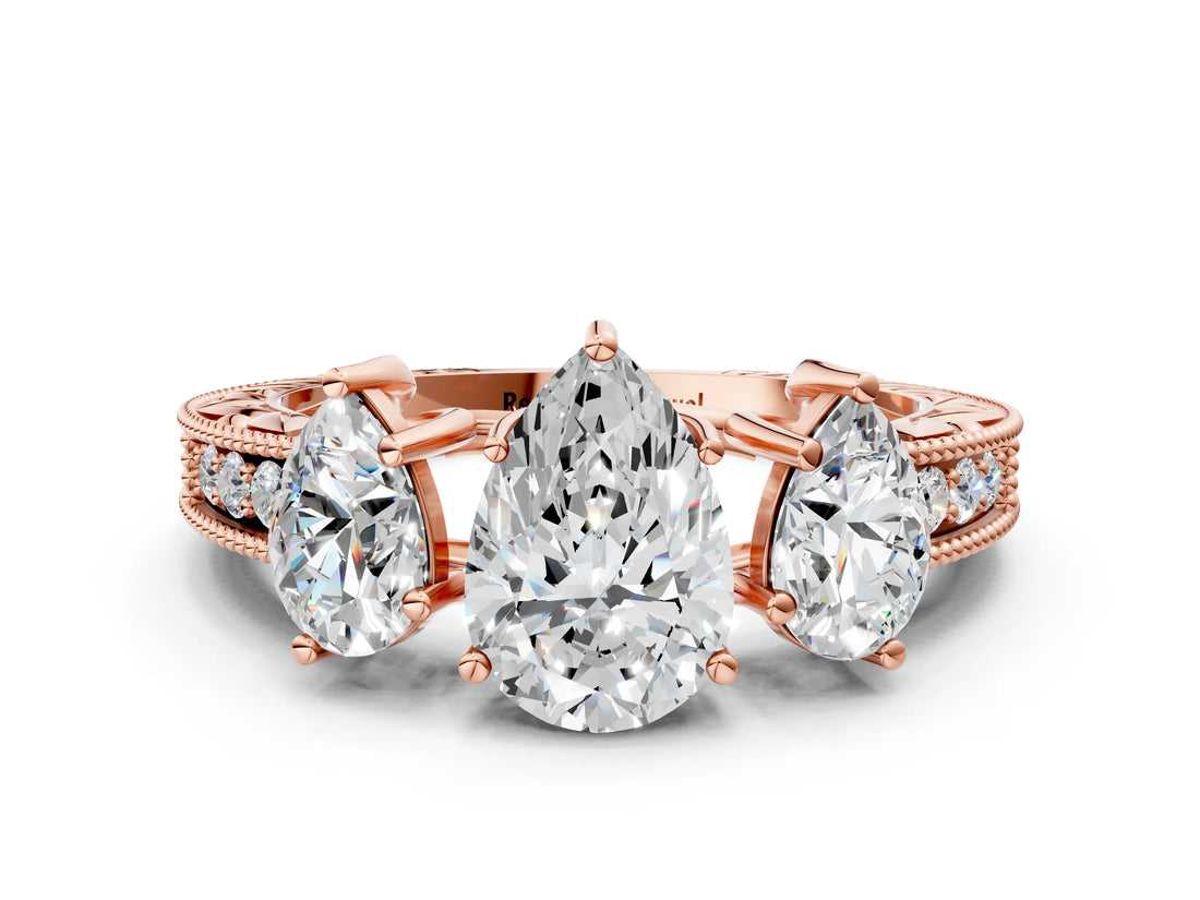 Rose gold Three-Stone Pear Cut Cut Milgrain Pavé Engagement Ring_7