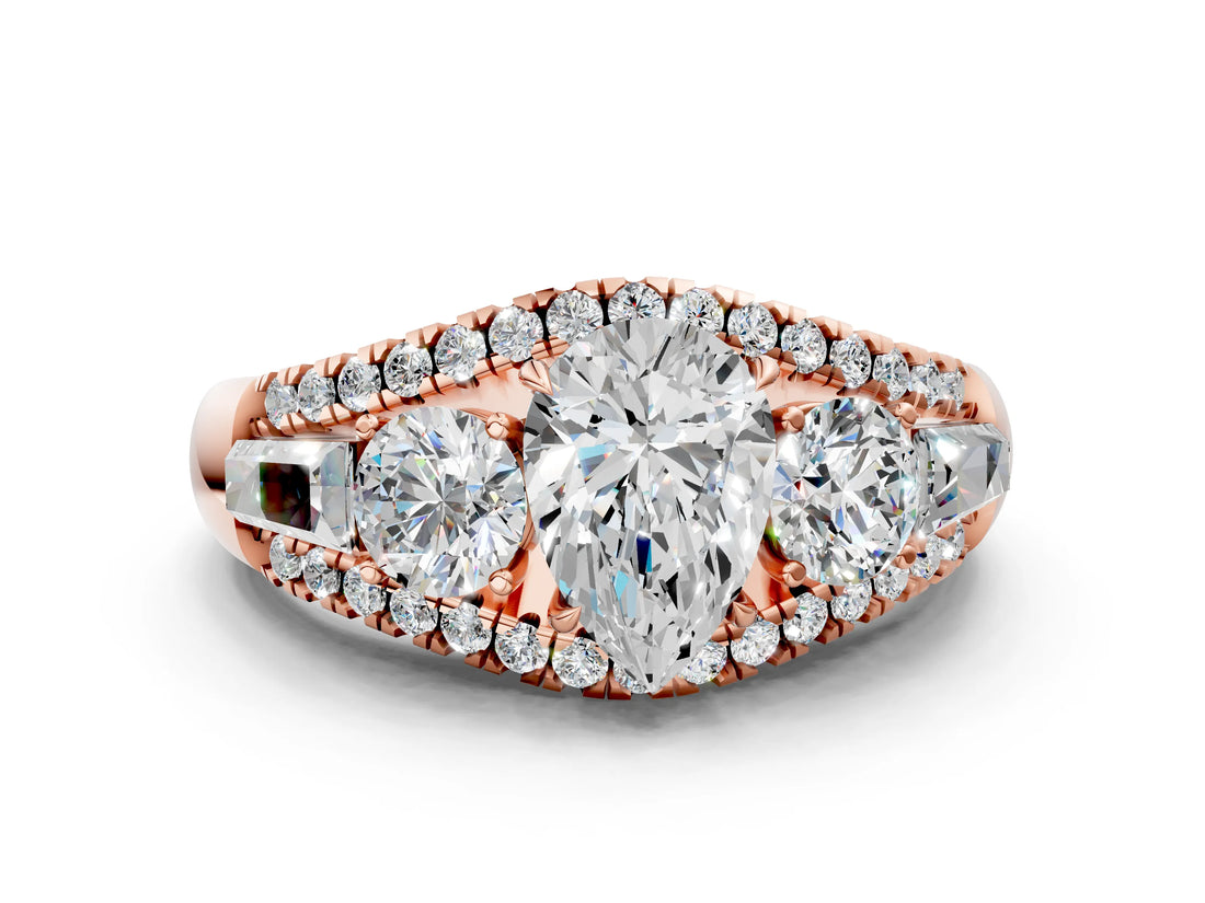 Rose gold Three-Stone Pear Cut Diamond Engagement Ring with Pave Band and Prong Setting_6