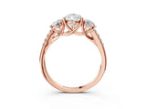 Rose gold Three-Stone Pear Cut Diamond Ring with Pavé Band and Prong Setting_92