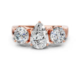 Rose gold Three-Stone Pear Cut Diamond Ring with Round Side Stones, Classic Band, and Four-Prong Setting_3