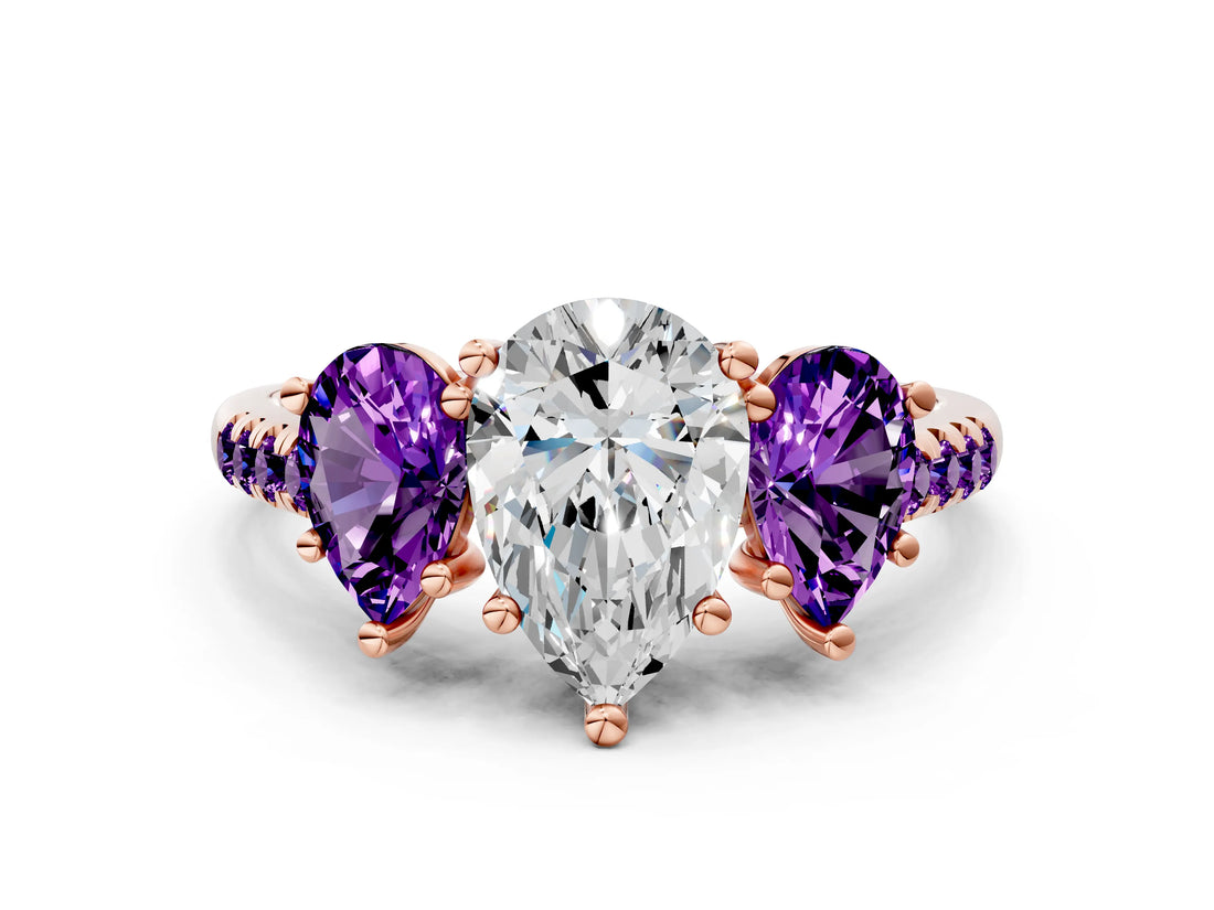 Rose gold Three-Stone Pear Cut Diamond Ring with Round with Amethyst side stone Pavé Band and Prong Setting
