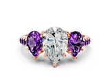 Rose gold Three-Stone Pear Cut Diamond Ring with Round with Amethyst side stone Pavé Band and Prong Setting