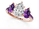 Rose gold Three-Stone Pear Cut Diamond Ring with Round with Amethyst side stone Pavé Band and Prong Setting_1