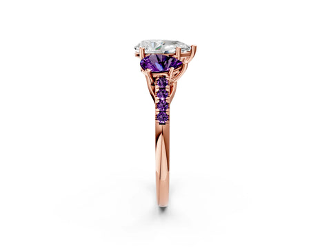 Rose gold Three-Stone Pear Cut Diamond Ring with Round with Amethyst side stone Pavé Band and Prong Setting_2