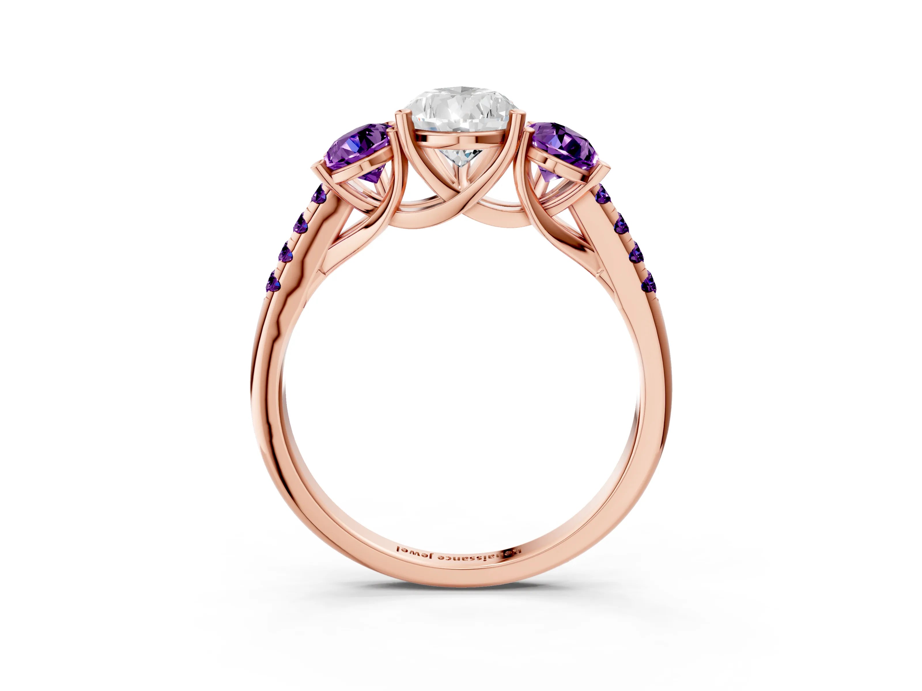 Rose gold Three-Stone Pear Cut Diamond Ring with Round with Amethyst side stone Pavé Band and Prong Setting_3