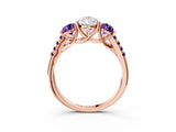 Rose gold Three-Stone Pear Cut Diamond Ring with Round with Amethyst side stone Pavé Band and Prong Setting_3