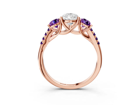 Rose gold Three-Stone Pear Cut Diamond Ring with Round with Amethyst side stone Pavé Band and Prong Setting_3