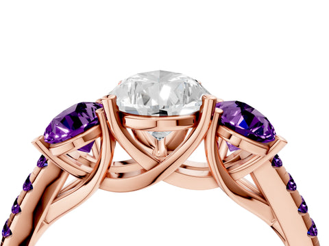Rose gold Three-Stone Pear Cut Diamond Ring with Round with Amethyst side stone Pavé Band and Prong Setting_4