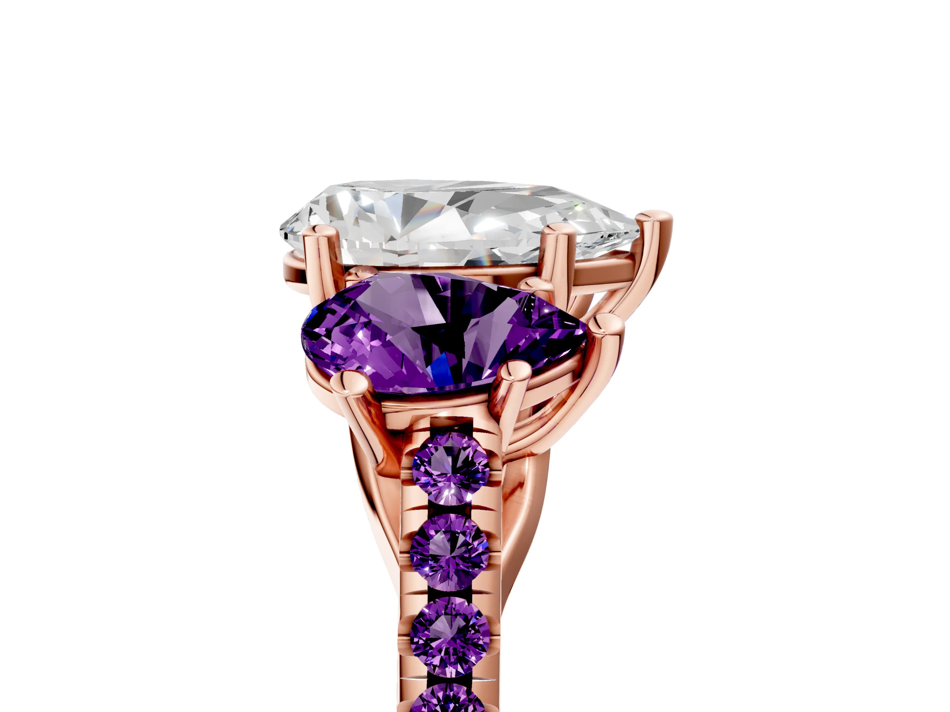 Rose gold Three-Stone Pear Cut Diamond Ring with Round with Amethyst side stone Pavé Band and Prong Setting_5