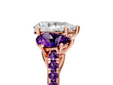 Rose gold Three-Stone Pear Cut Diamond Ring with Round with Amethyst side stone Pavé Band and Prong Setting_5