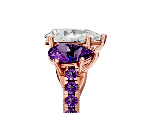 Rose gold Three-Stone Pear Cut Diamond Ring with Round with Amethyst side stone Pavé Band and Prong Setting_5