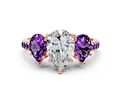 Rose gold Three-Stone Pear Cut Diamond Ring with Round with Amethyst side stone Pavé Band and Prong Setting