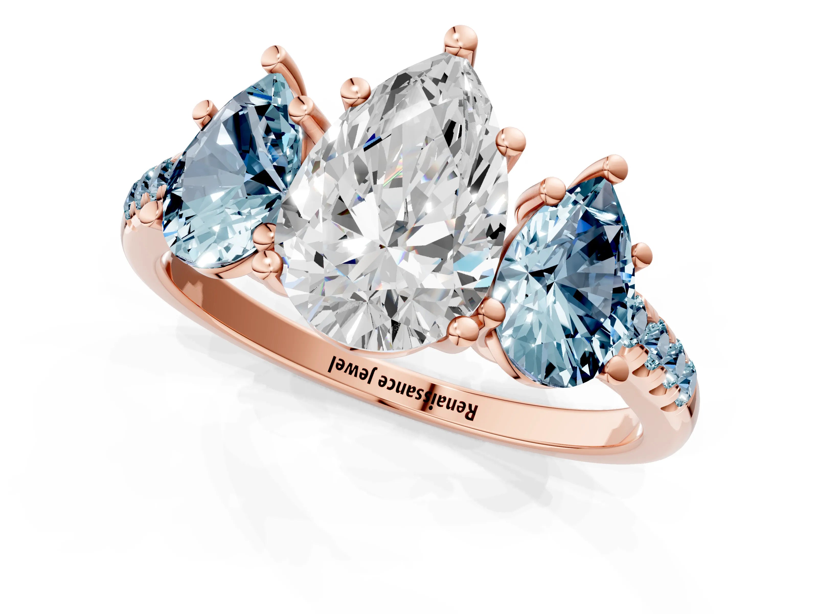 Rose gold Three-Stone Pear Cut Diamond Ring with Round with Aquamarine side stone Pavé Band and Prong Setting_1