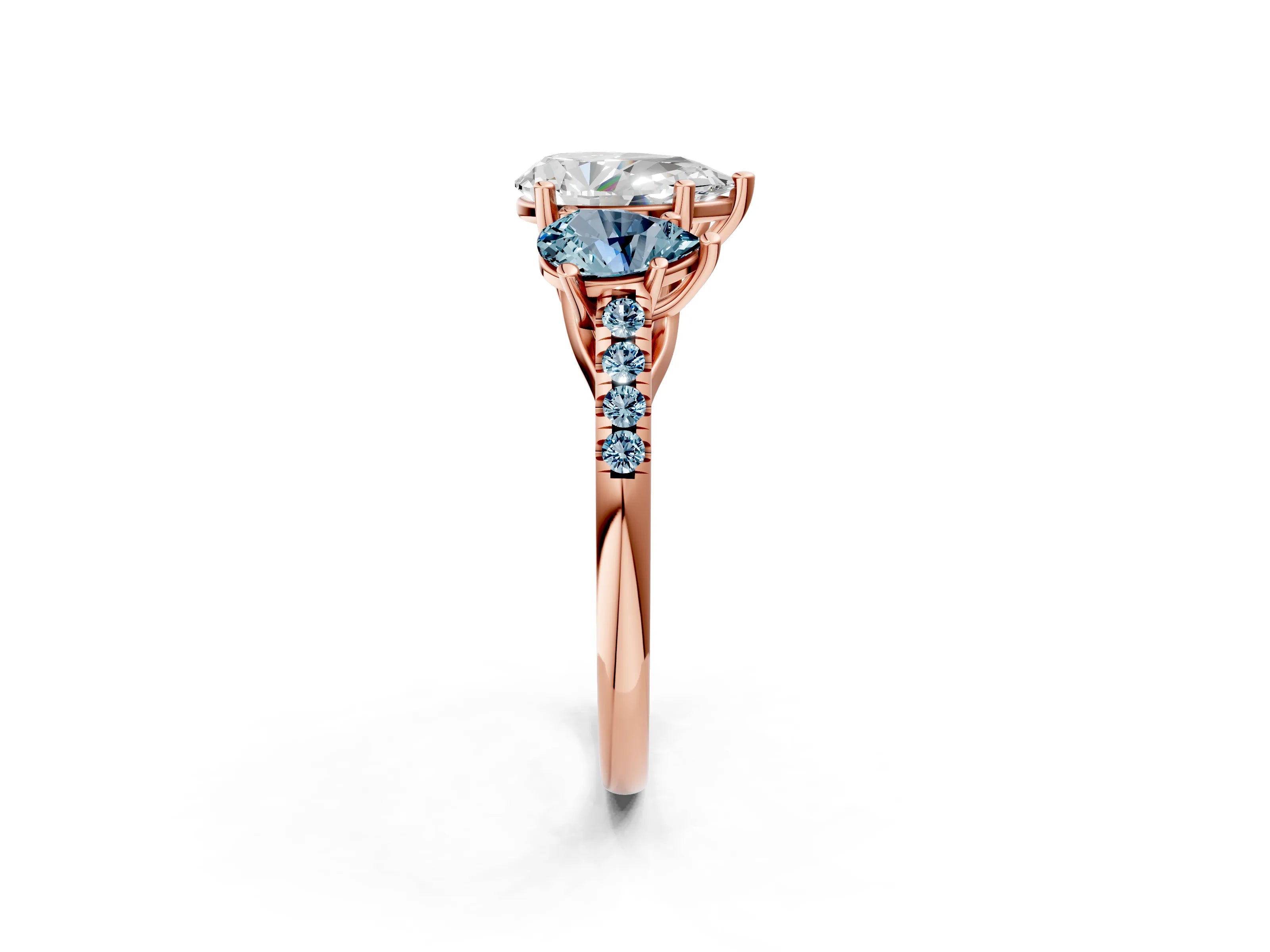 Rose gold Three-Stone Pear Cut Diamond Ring with Round with Aquamarine side stone Pavé Band and Prong Setting_2