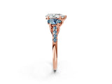 Rose gold Three-Stone Pear Cut Diamond Ring with Round with Aquamarine side stone Pavé Band and Prong Setting_2