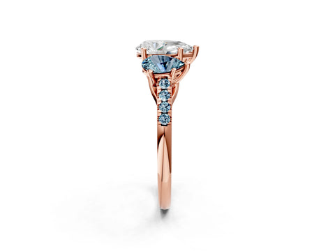 Rose gold Three-Stone Pear Cut Diamond Ring with Round with Aquamarine side stone Pavé Band and Prong Setting_2