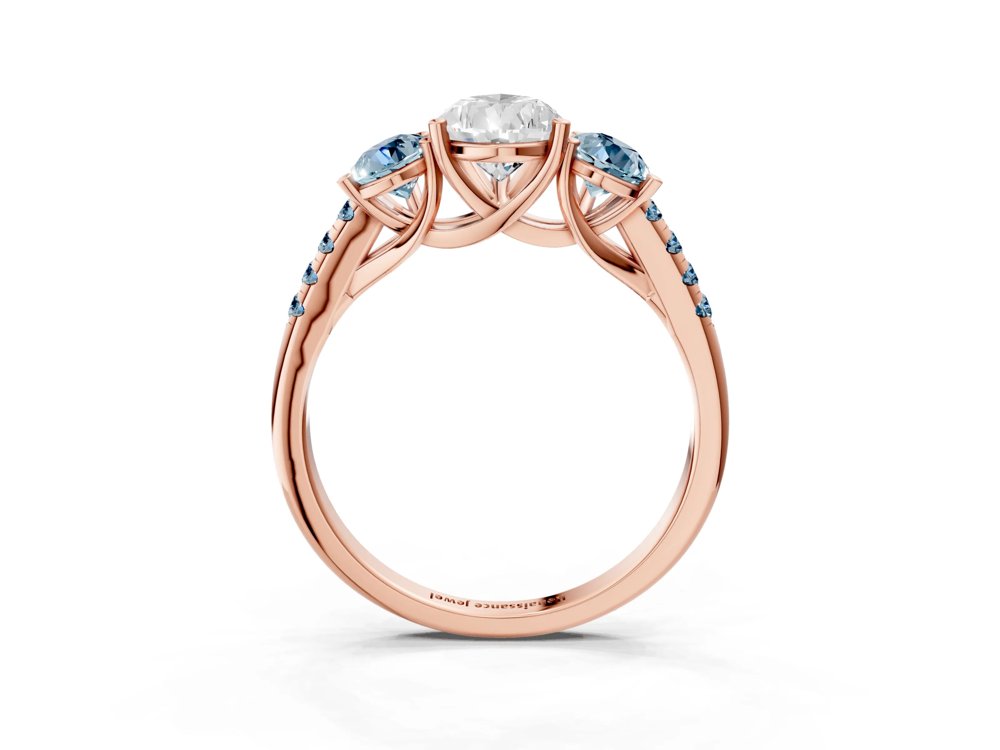 Rose gold Three-Stone Pear Cut Diamond Ring with Round with Aquamarine side stone Pavé Band and Prong Setting_3