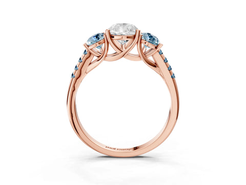 Rose gold Three-Stone Pear Cut Diamond Ring with Round with Aquamarine side stone Pavé Band and Prong Setting_3