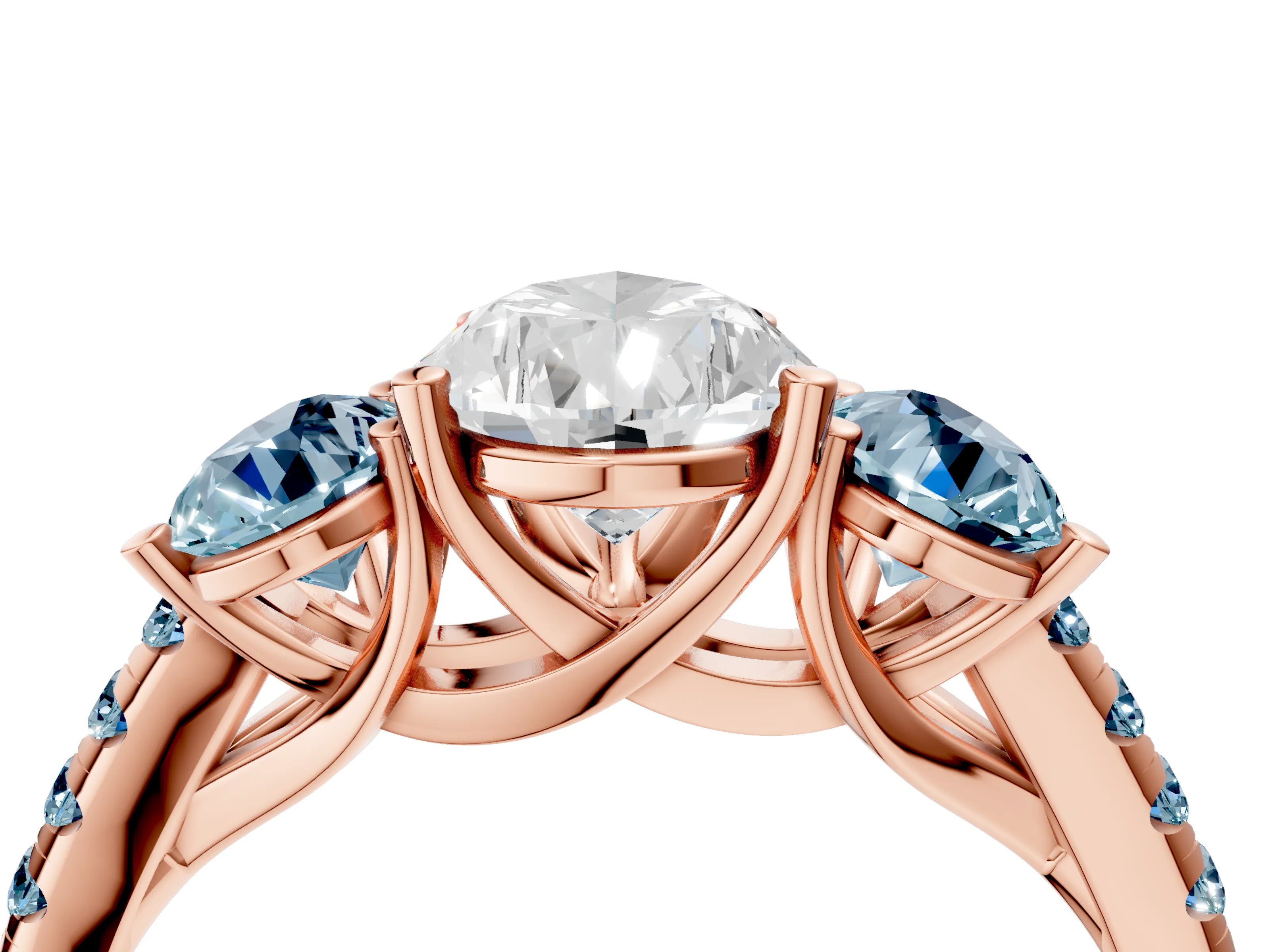 Rose gold Three-Stone Pear Cut Diamond Ring with Round with Aquamarine side stone Pavé Band and Prong Setting_4
