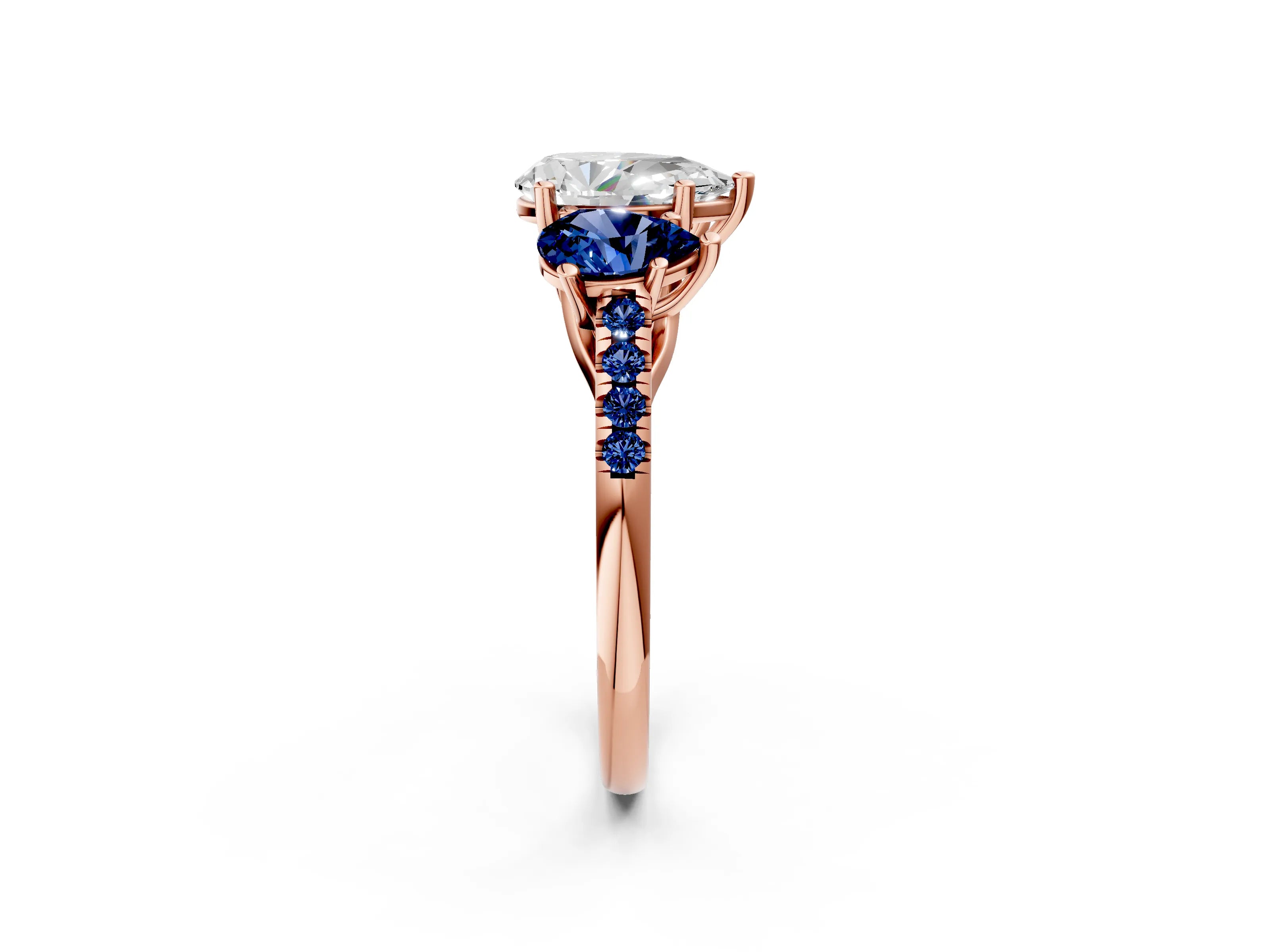 Rose gold Three-Stone Pear Cut Diamond Ring with Round with Blue Sapphire side stone Pavé Band and Prong Setting_2