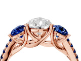 Rose gold Three-Stone Pear Cut Diamond Ring with Round with Blue Sapphire side stone Pavé Band and Prong Setting_4