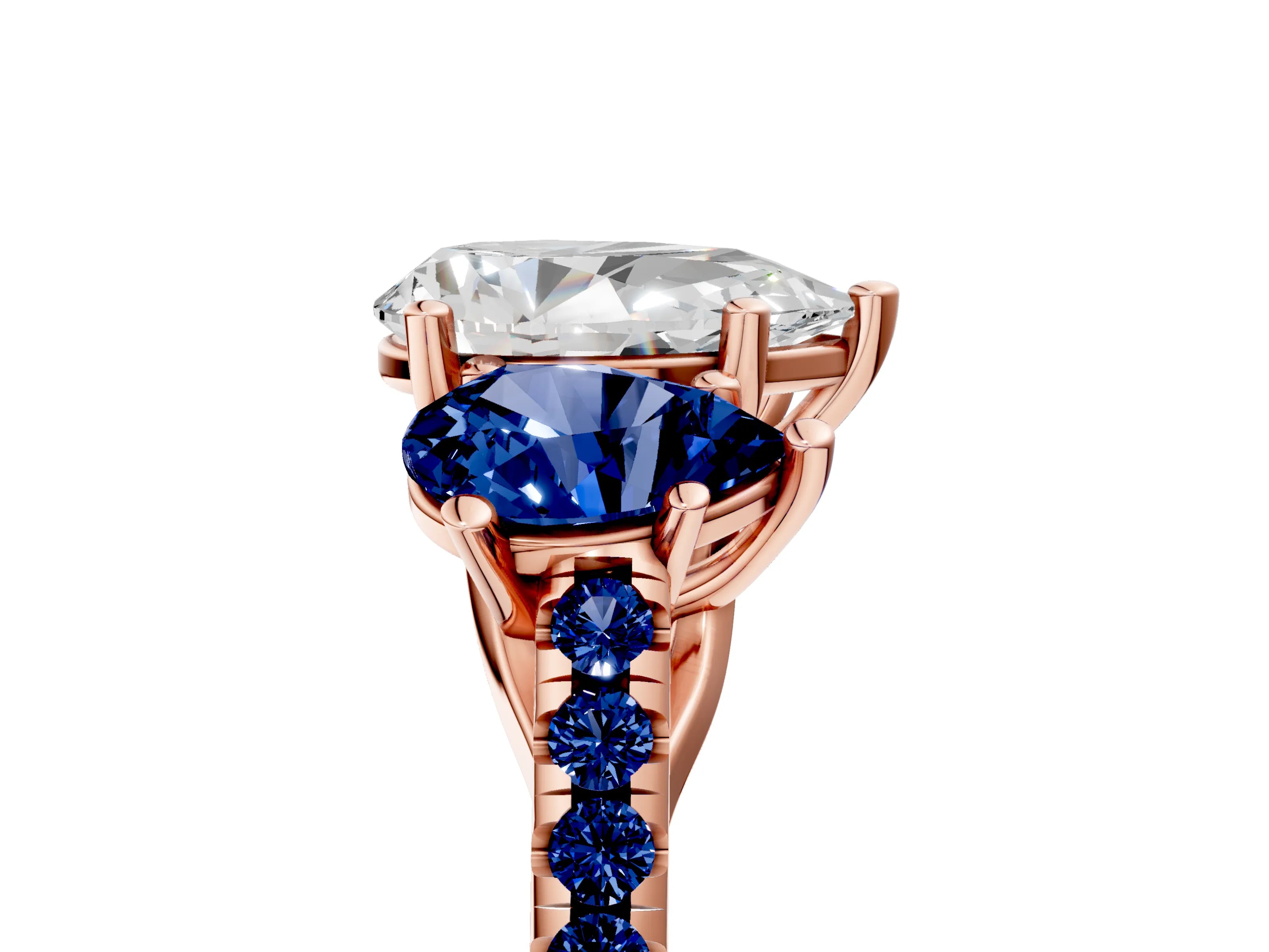 Rose gold Three-Stone Pear Cut Diamond Ring with Round with Blue Sapphire side stone Pavé Band and Prong Setting_5
