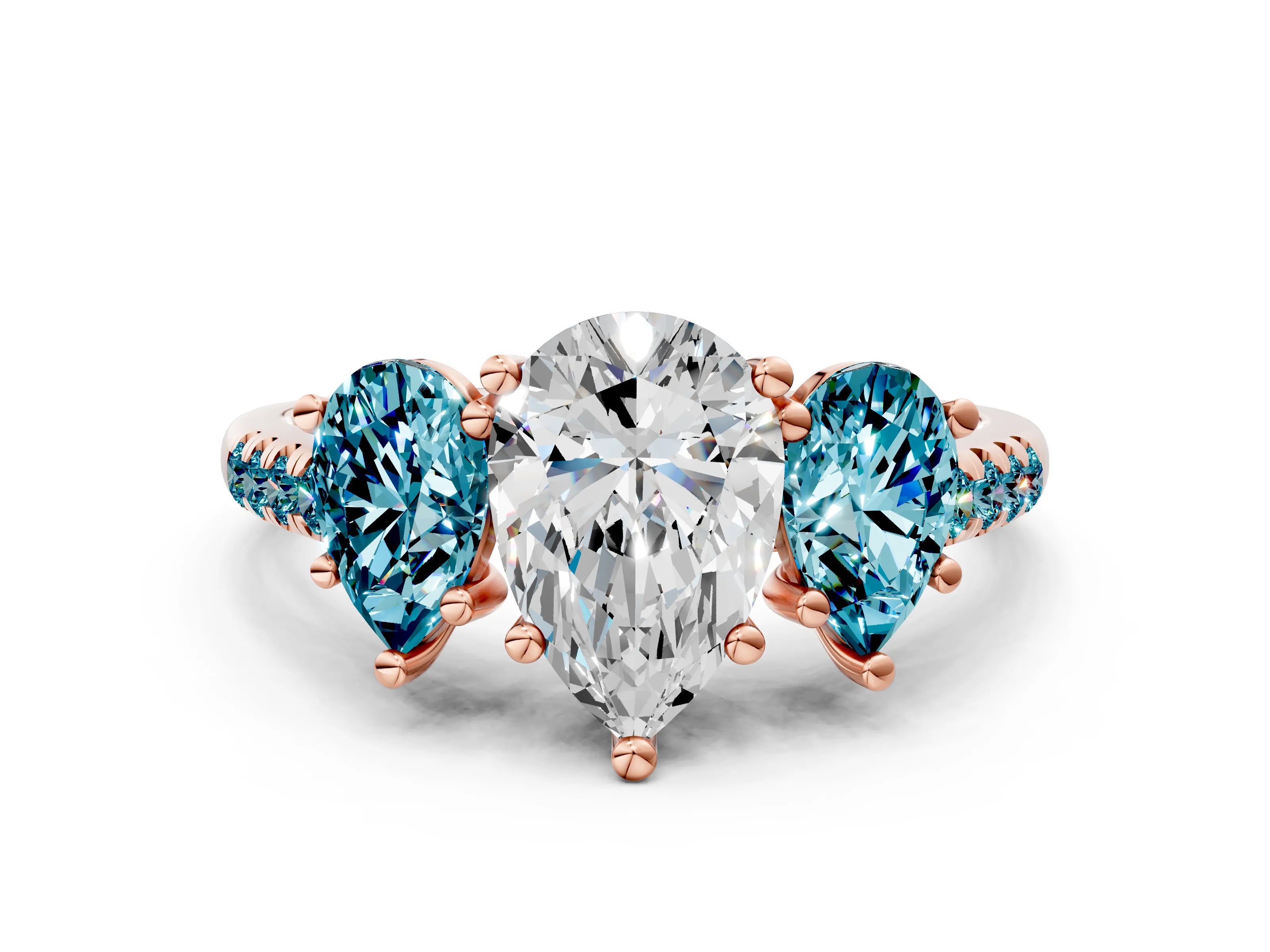 Rose gold Three-Stone Pear Cut Diamond Ring with Round with Blue Topaz side stone Pavé Band and Prong Setting