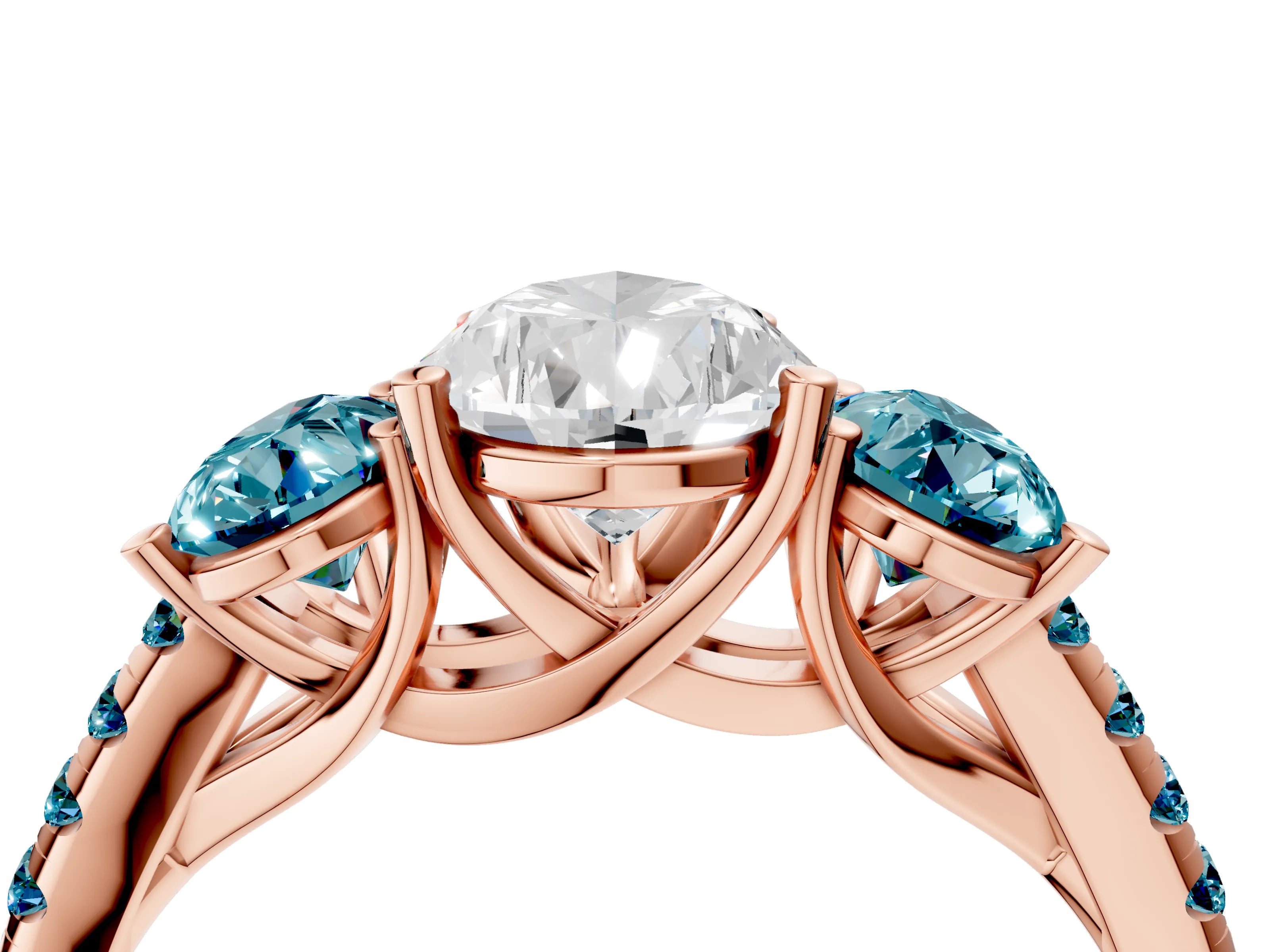 Rose gold Three-Stone Pear Cut Diamond Ring with Round with Blue Topaz side stone Pavé Band and Prong Setting_4